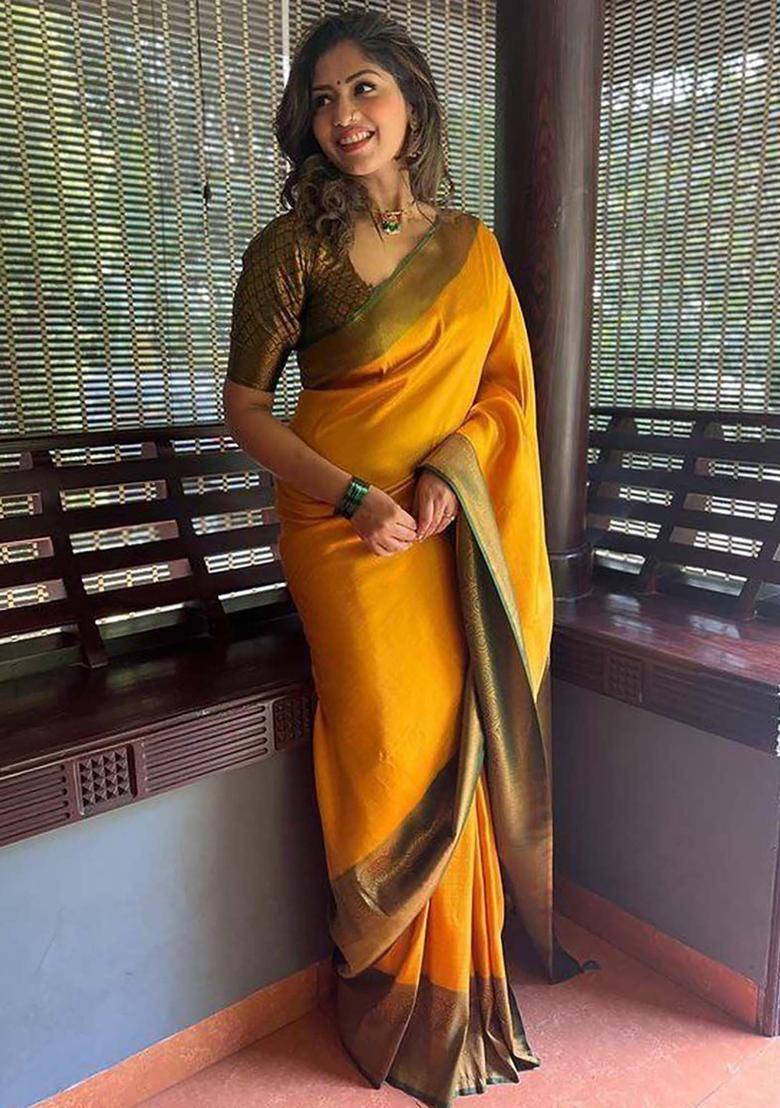 Yellow Woven Silk Blend Saree Set - Indya
