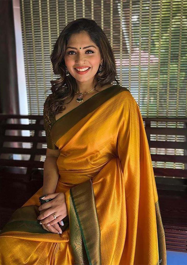 Yellow Woven Silk Blend Saree Set - Indya