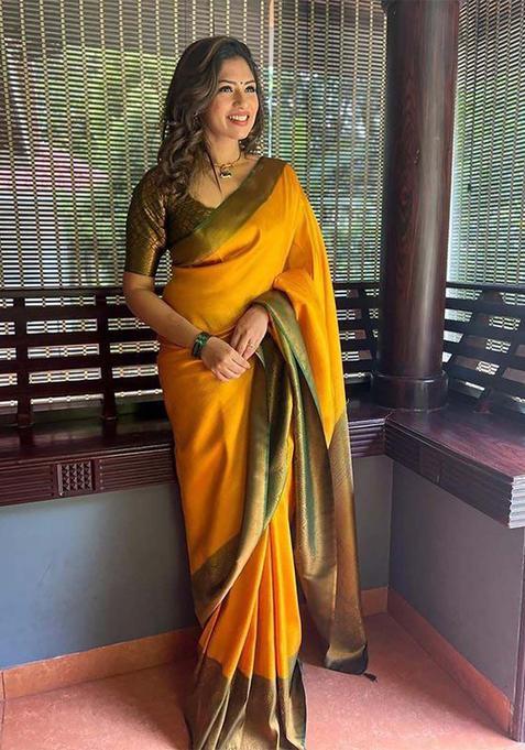 Yellow Woven Silk Blend Saree Set