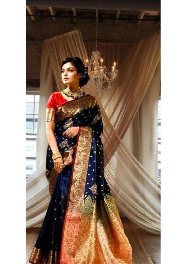 Navy Blue Woven Jacquard Saree Set - Indya