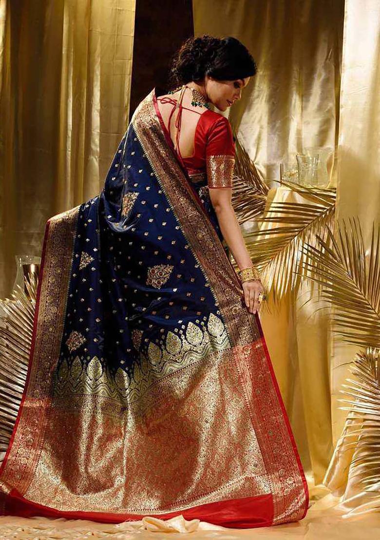 Navy Blue Woven Jacquard Saree Set - Indya