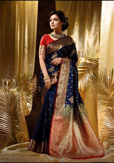 Navy Blue Woven Jacquard Saree Set