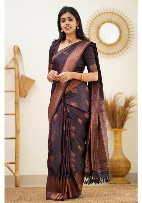 Taupe Woven Silk Blend Saree Set