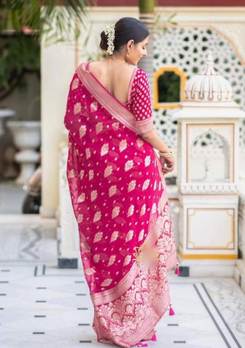 Pink Woven Silk Blend Saree Set - Indya