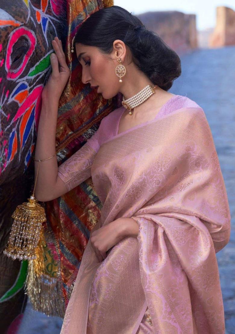 Peach Printed Jacquard Saree Set - Indya