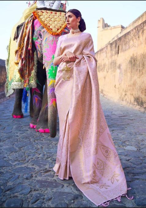Peach Printed Jacquard Saree Set