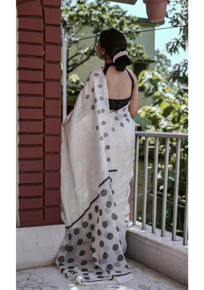 White Woven Silk Blend Saree Set - Indya