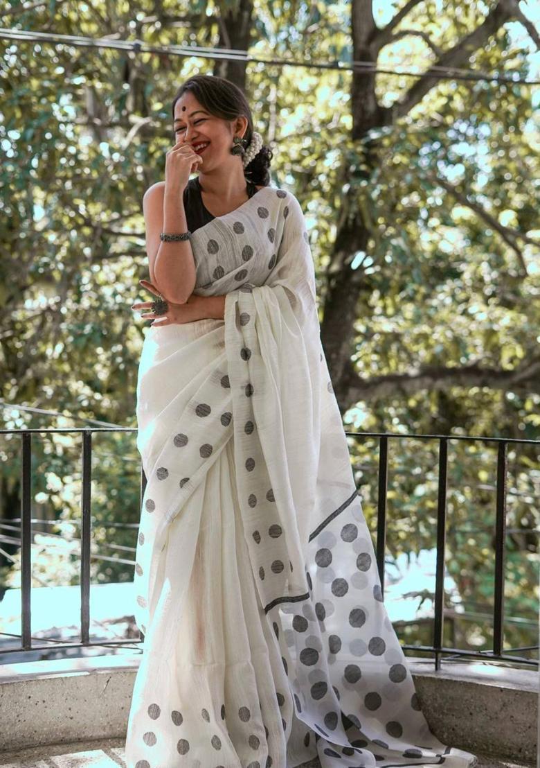 White Woven Silk Blend Saree Set - Indya