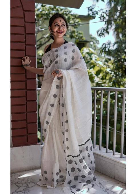 White Woven Silk Blend Saree Set