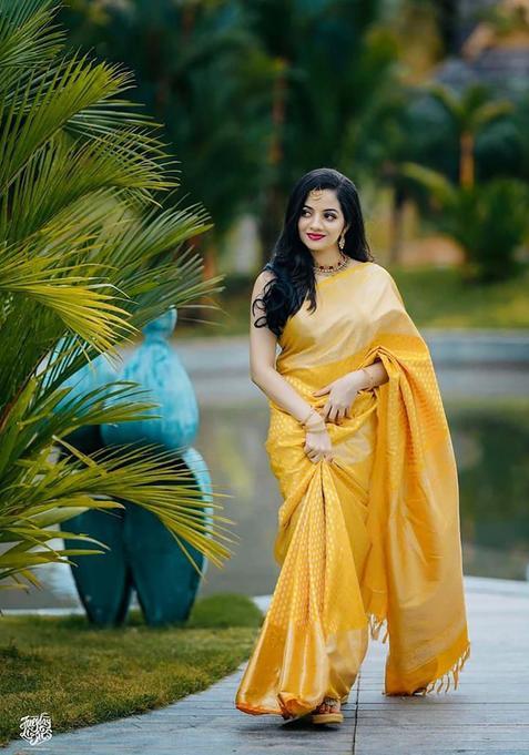 Yellow Woven Jacquard Saree Set
