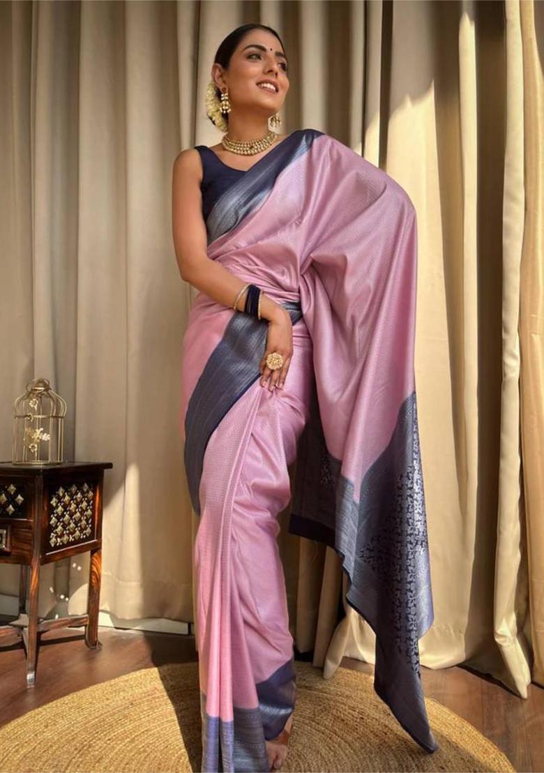 Pink Woven Jacquard Saree Set - Indya