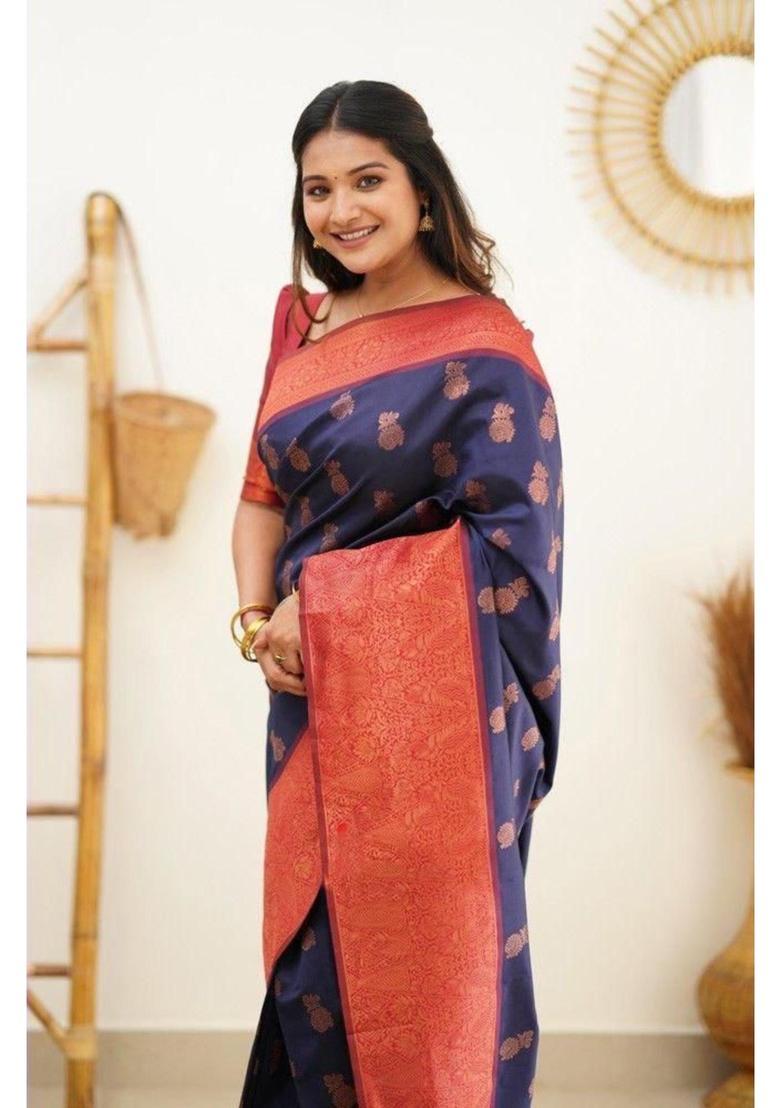 Blue Woven Jacquard Saree Set - Indya