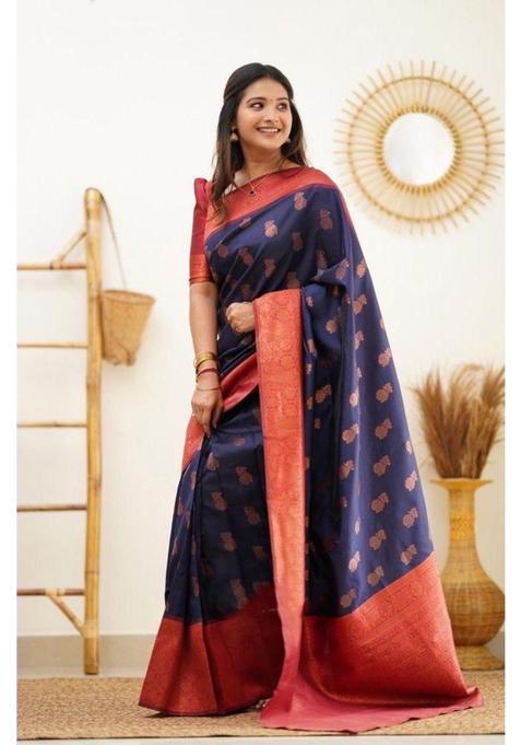Blue Woven Jacquard Saree Set