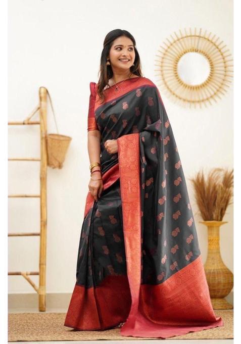 Black Woven Jacquard Saree Set