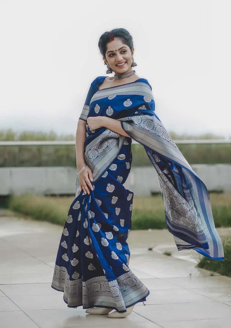 Blue Woven Silk Blend Saree Set - Indya