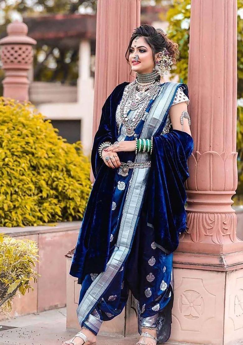 Blue Woven Silk Blend Saree Set - Indya