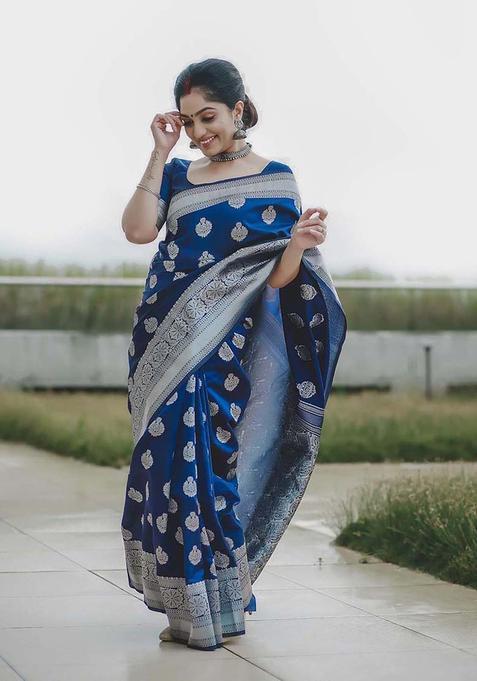 Blue Woven Silk Blend Saree Set