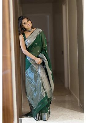 Green Woven Silk Blend Saree Set
