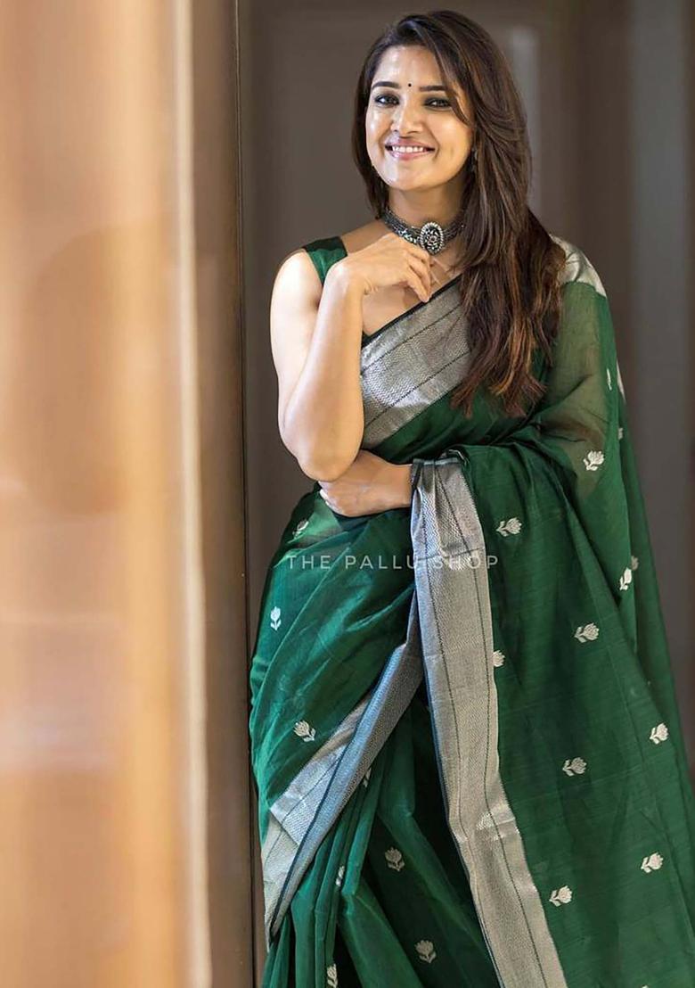 Green Woven Silk Blend Saree Set - Indya