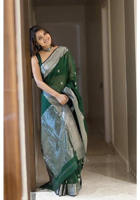 Green Woven Silk Blend Saree Set