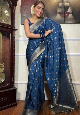 Blue Woven Silk Blend Saree Set