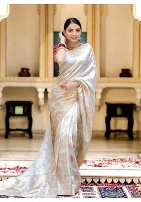 Cream Printed Jacquard Saree Set