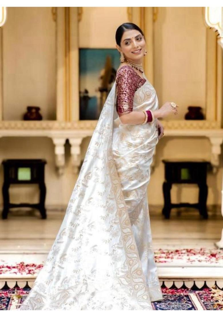 Cream Printed Jacquard Saree Set - Indya