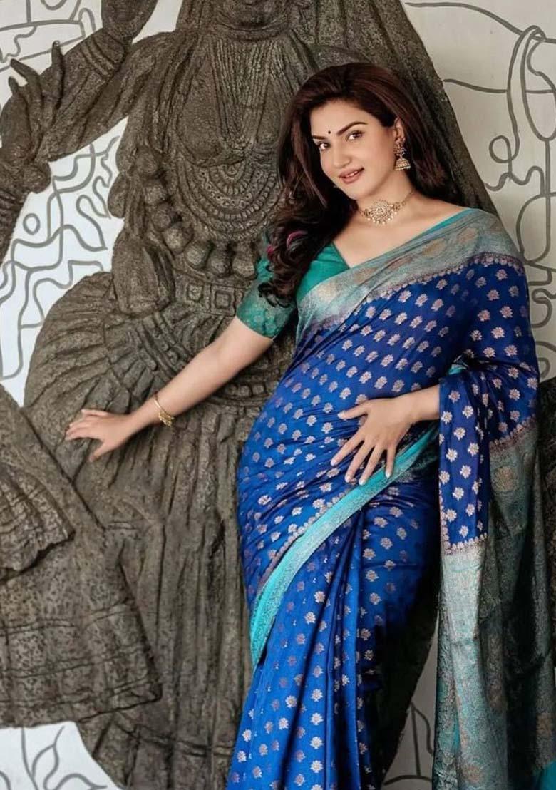 Blue Woven Jacquard Saree Set - Indya