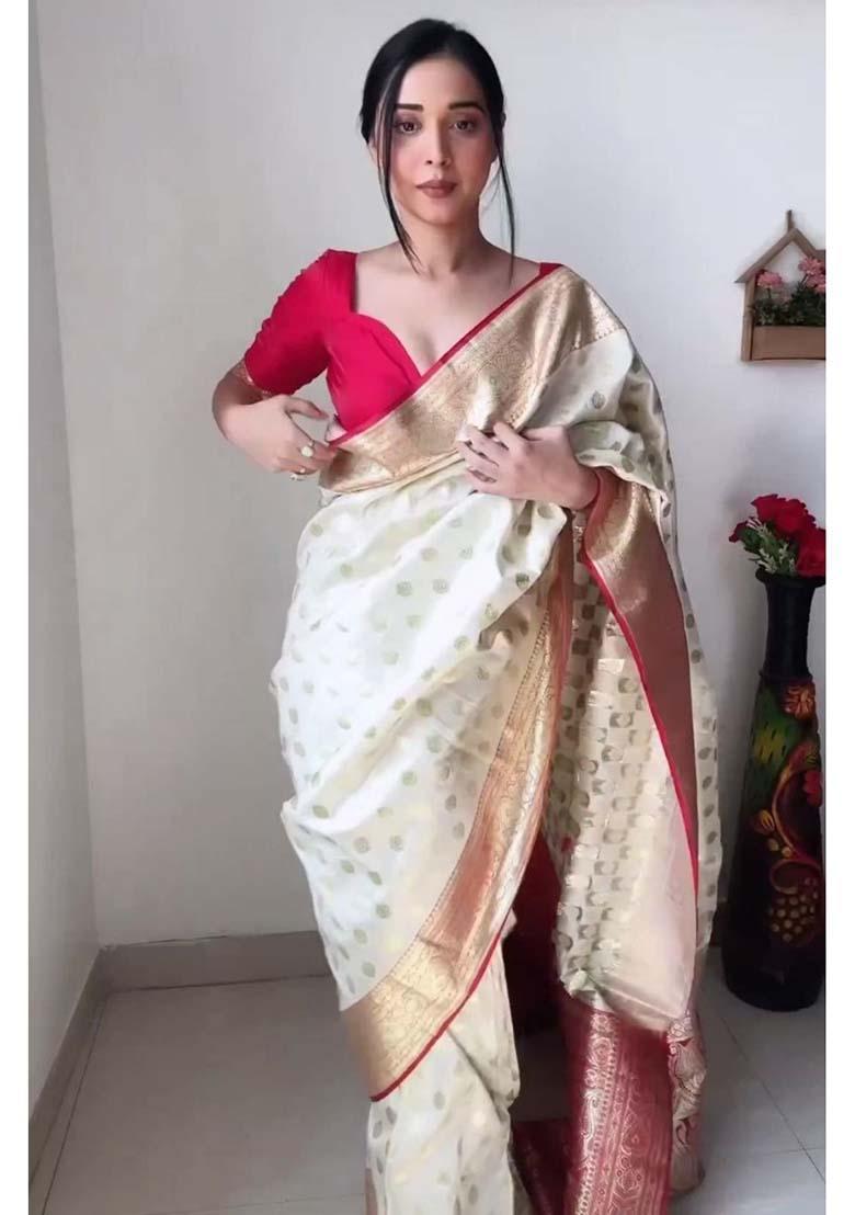 White Woven Jacquard Saree Set - Indya