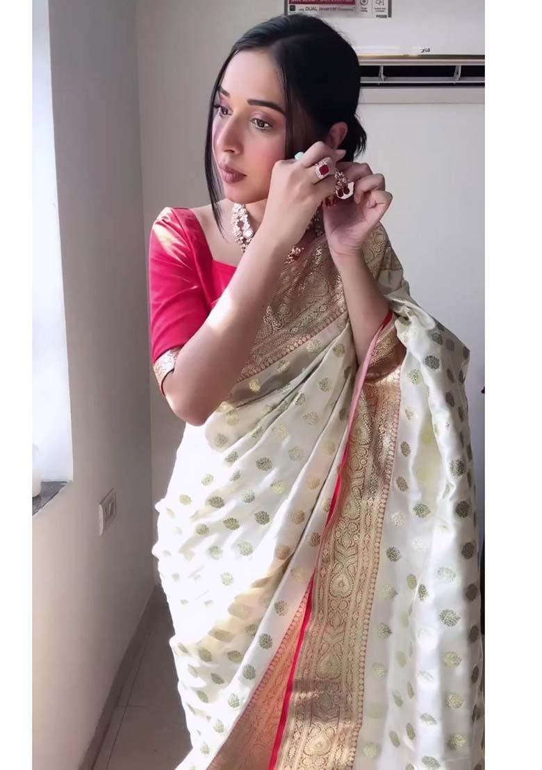 White Woven Jacquard Saree Set - Indya