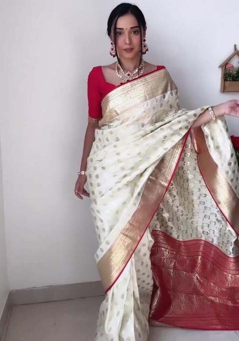 White Woven Jacquard Saree Set