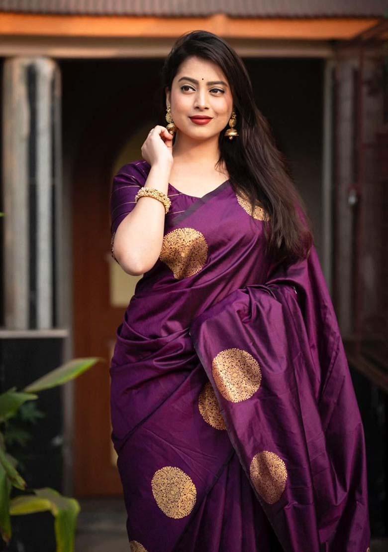 Wine Printed Jacquard Saree Set - Indya