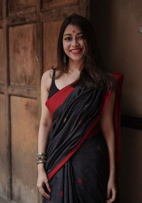 Black Printed Jacquard Saree Set
