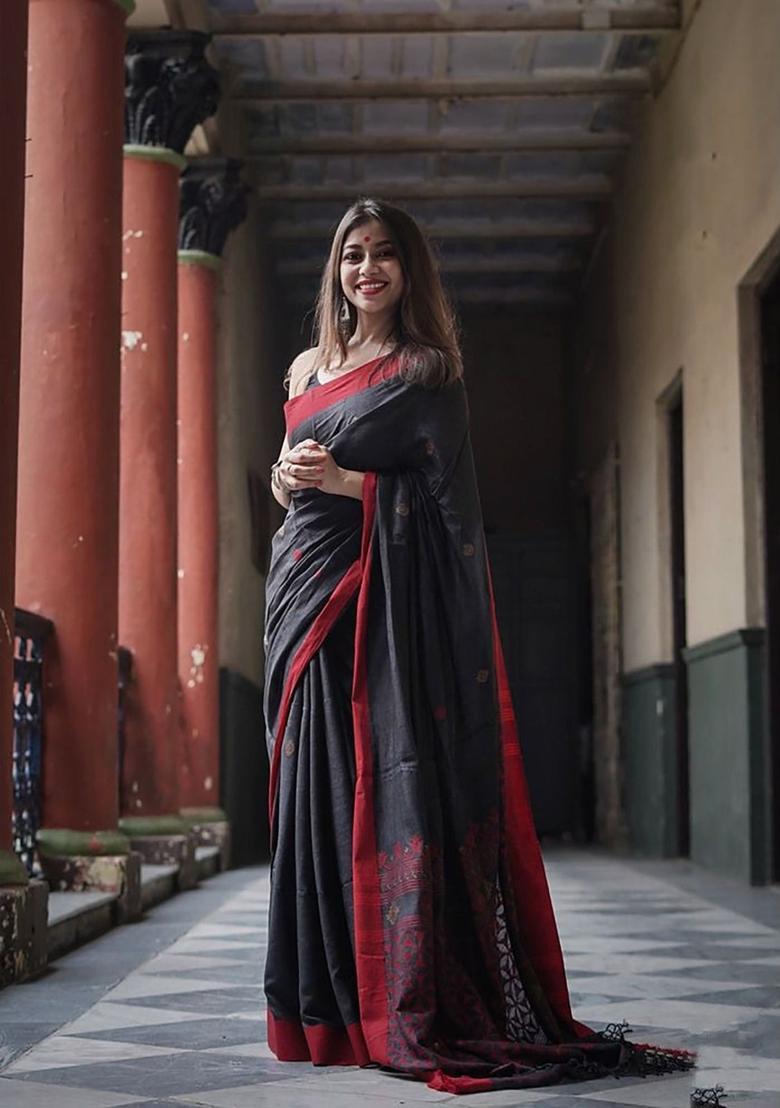 Black Printed Jacquard Saree Set - Indya