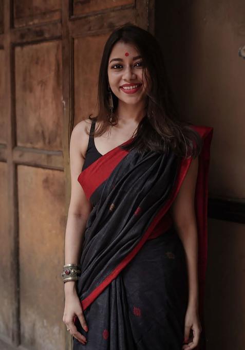 Black Printed Jacquard Saree Set