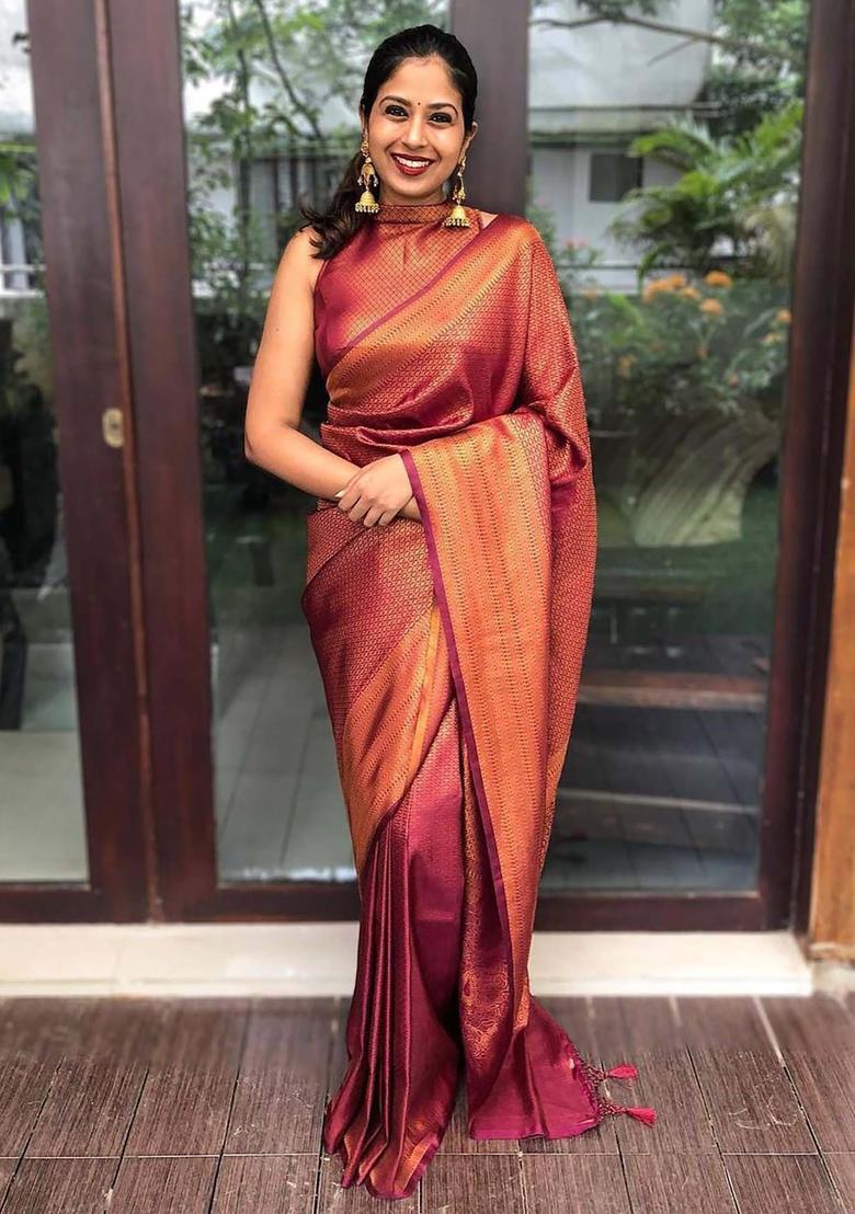 Maroon Woven Jacquard Saree Set - Indya
