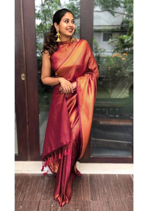 Maroon Woven Jacquard Saree Set
