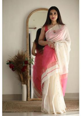 Cream Woven Jacquard Saree Set
