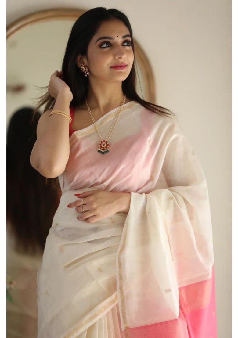 Cream Woven Jacquard Saree Set - Indya