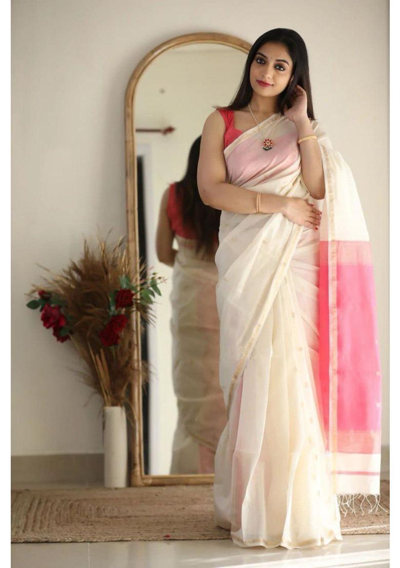Cream Woven Jacquard Saree Set - Indya