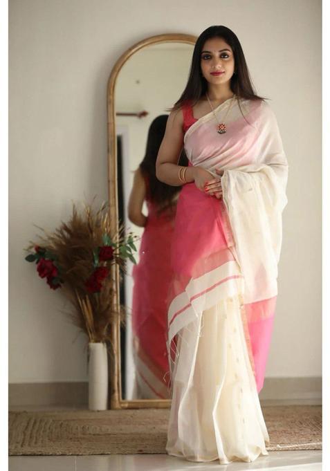 Cream Woven Jacquard Saree Set