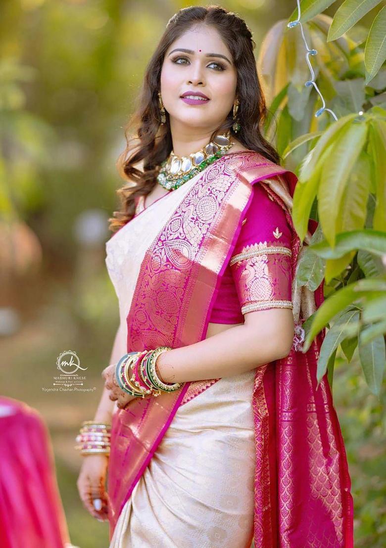 Cream Woven Silk Blend Saree Set - Indya