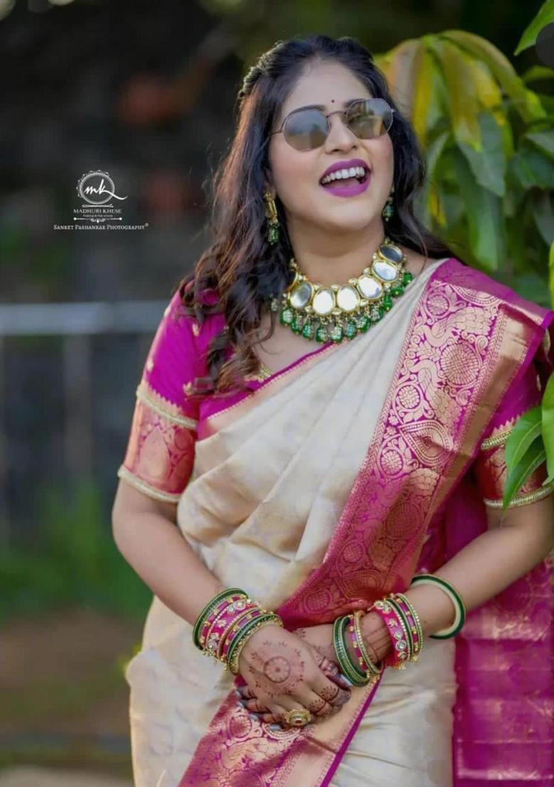 Cream Woven Silk Blend Saree Set - Indya