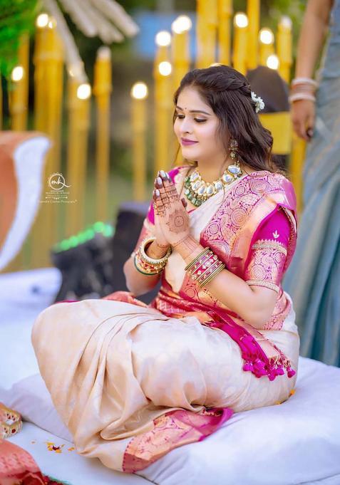 Cream Woven Silk Blend Saree Set