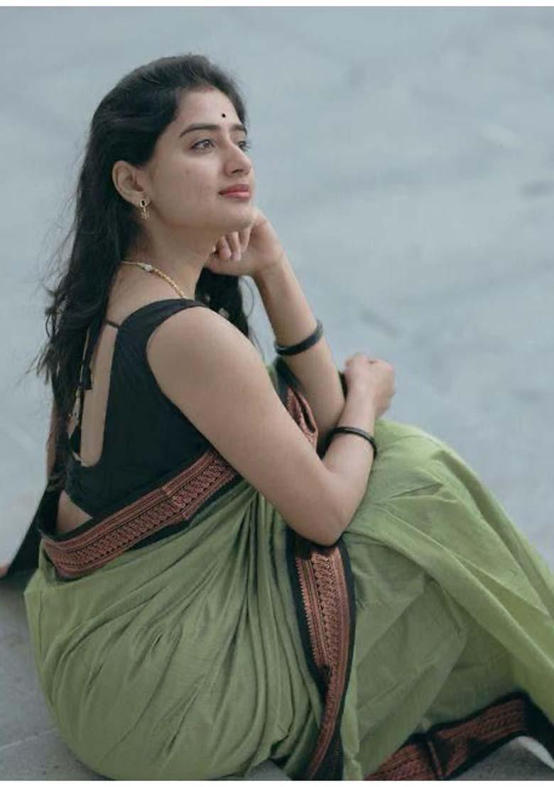 Green Woven Jacquard Saree Set - Indya