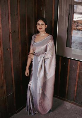 Grey Woven Silk Blend Saree Set