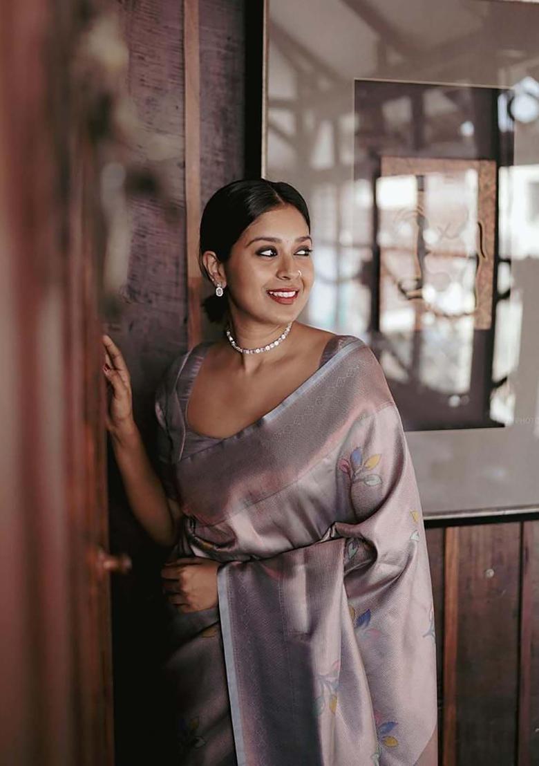 Grey Woven Silk Blend Saree Set - Indya