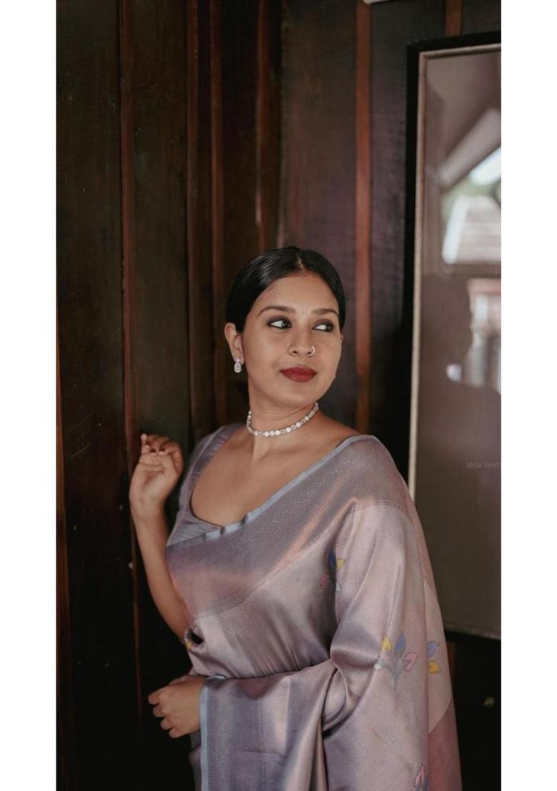 Grey Woven Silk Blend Saree Set - Indya