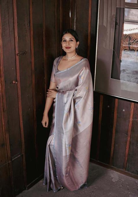 Grey Woven Silk Blend Saree Set