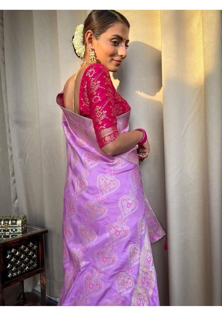 Lavender Woven Jacquard Saree Set - Indya